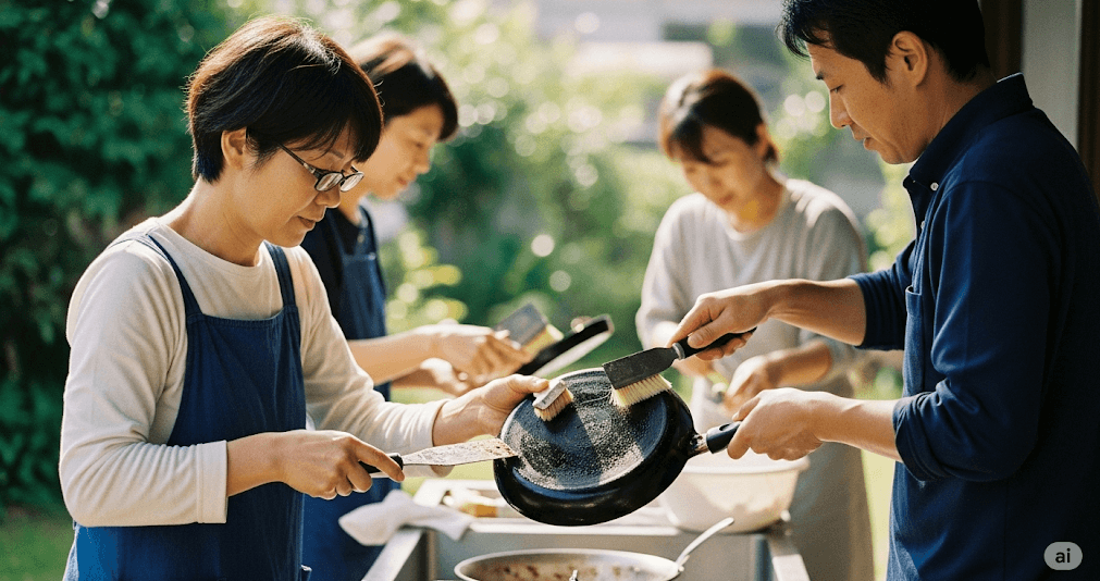 フライパン外側の焦げを落とす