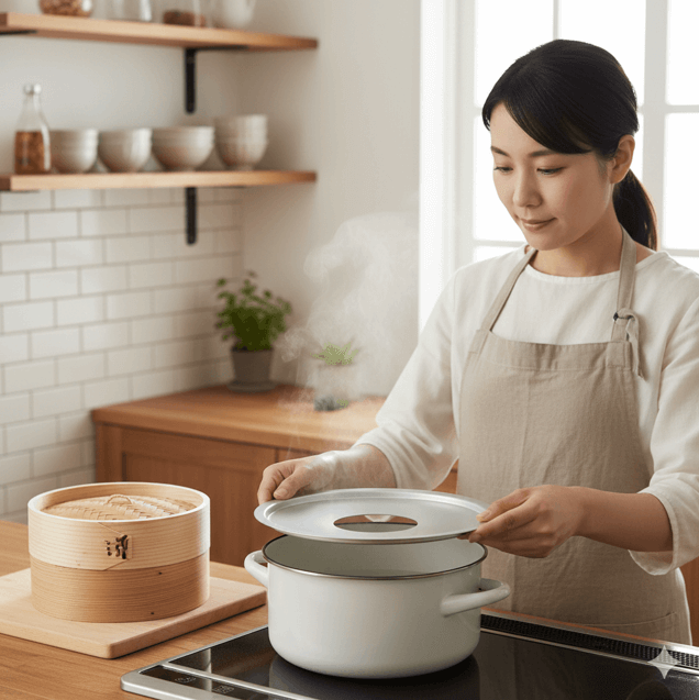 鍋に蒸し板を設置しようとしている主婦