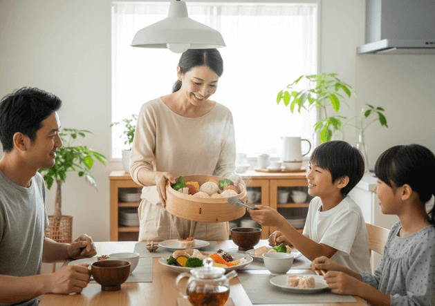 せいろで作った蒸し料理を家族にふるまう主婦