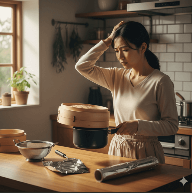 笑顔の日本人女性が、自宅のキッチンでせいろの蒸し板を探すも、見つからずに困っている様子。手元の鍋とせいろが合わない状況。