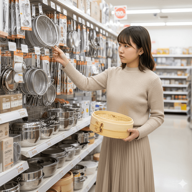 100円ショップのキッチン用品売り場を歩く日本人女性。様々なキッチンツールが並ぶ中で、せいろ用の蒸し板が見つからず、少しがっかりした表情。