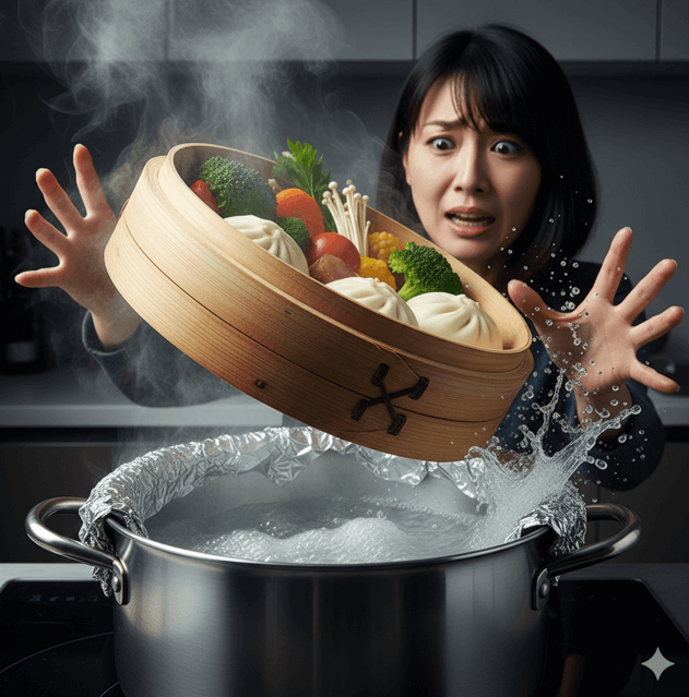 熱湯でぐらつく鍋の上に不安定に置かれたせいろ。アルミホイルで代用された蒸し板が今にも崩れそうで、危険な雰囲気が漂うキッチン。