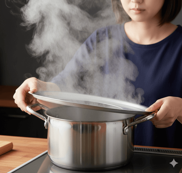 両手鍋の取っ手が蒸し板に干渉し、隙間から大量の蒸気が漏れる失敗例。せいろが不安定で危険な状態。