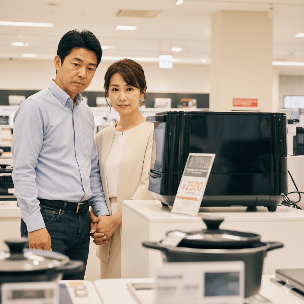 パナソニックのオートクッカー ビストロが展示された家電量販店のコーナー。価格表示が高価であることを示唆しており、購入を検討する日本の消費者の横顔が見える。