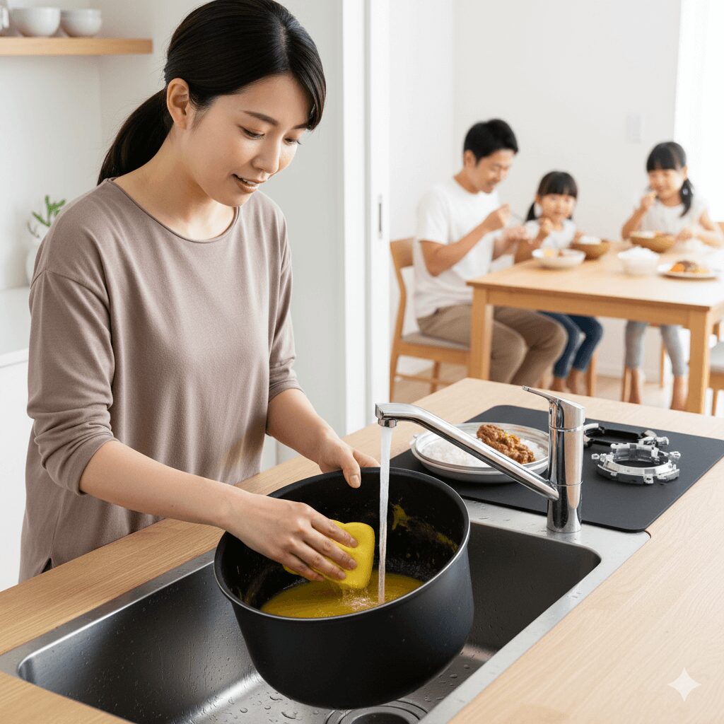 オートクッカービストロの内鍋をシンクで手洗いしている様子。フッ素加工のおかげで汚れがスルンと落ちる快適さを表現し、手洗いの手間が少ないことを示唆している。