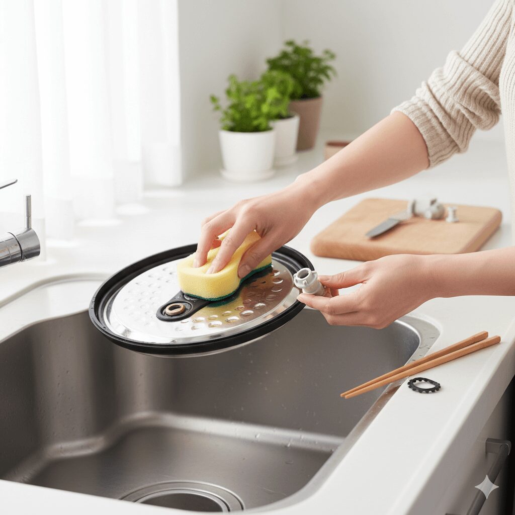 オートクッカービストロのふたを分解し、圧力バルブなどの部品を丁寧に手入れしている様子。部品のデリケートさを意識しながらも、手入れのしやすさを表現している。画像7