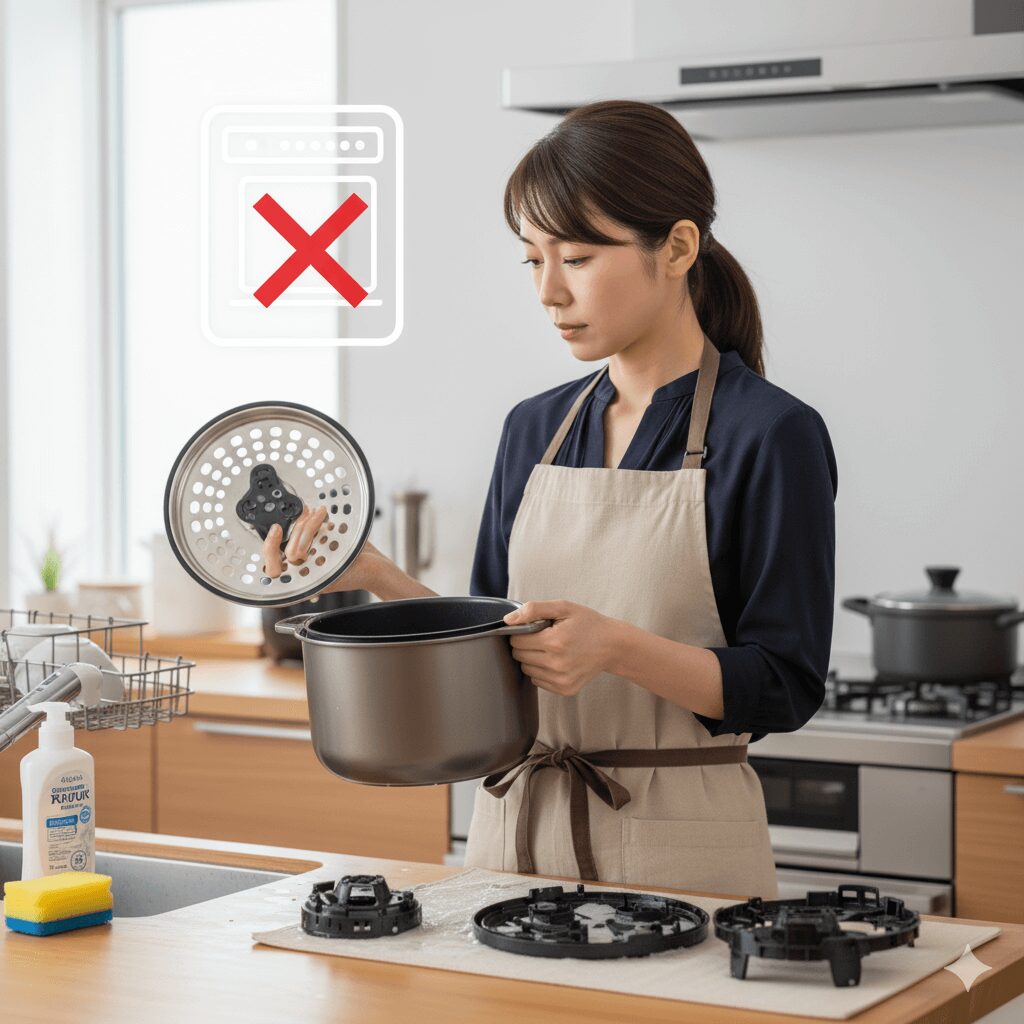 オートクッカービストロの内鍋と複雑なふたパーツを手に持ち、食洗機が使用できないため手洗いが必要であるというデメリットを実際に確認している様子。