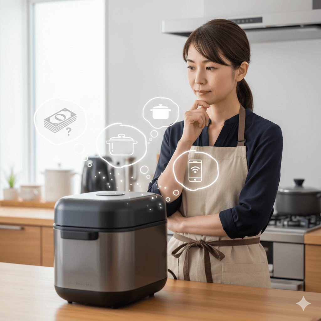 キッチンカウンターに置かれたオートクッカービストロを前に、その高額な価格とアプリ連携機能が自分の生活に本当に必要か、費用対効果を真剣に考え込んでいる女性のイメージ。