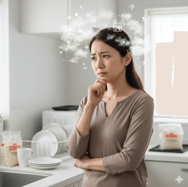 キッチンで腕組みをして悩む日本人女性のイメージ図。頭上に疑問符やアイコンが浮かび、炊飯器の購入前に感じる衛生面や機能面への不安や迷いを表現している。