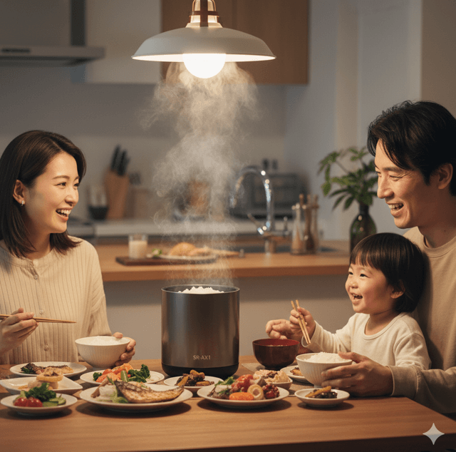 炊きたてのご飯が入ったSR-AX1を囲んで、笑顔で食卓を囲む日本人家族の様子。湯気が立ち上り、家事の手間から解放されたゆとりのある温かい食事風景。