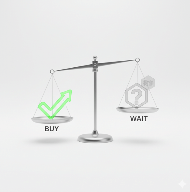 炊飯器を購入するか迷っている心理を表す天秤のイメージ図。「買い」の皿が重くなっており、SR-AX1の導入がポジティブな選択であることを示唆している。