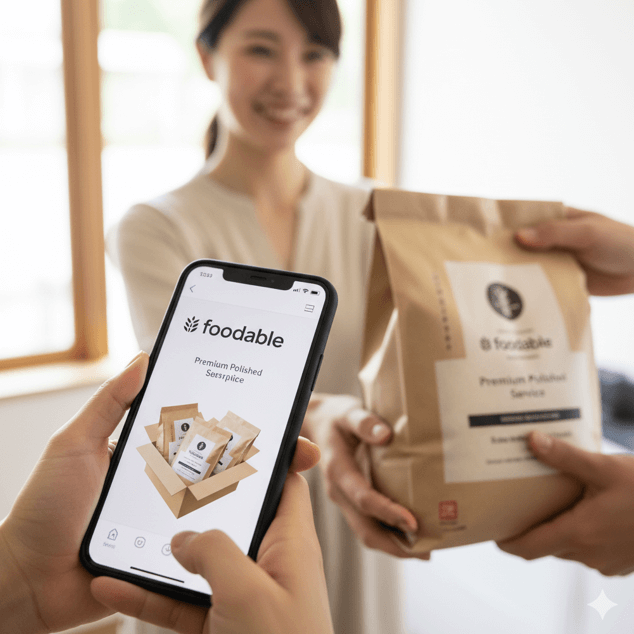 スマートフォンの画面に表示されたサブスクサービスfoodableのロゴと、定期配送される無洗米を受け取る様子。お得にSR-AX1を使い始める方法の紹介。