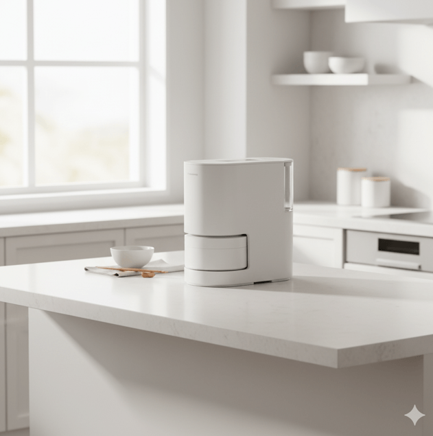 パナソニックの自動計量IH炊飯器SR-AX1の本体写真。ホワイト一色の円筒形で、凹凸の少ないミニマルなデザイン。おひつのような外観が特徴的。