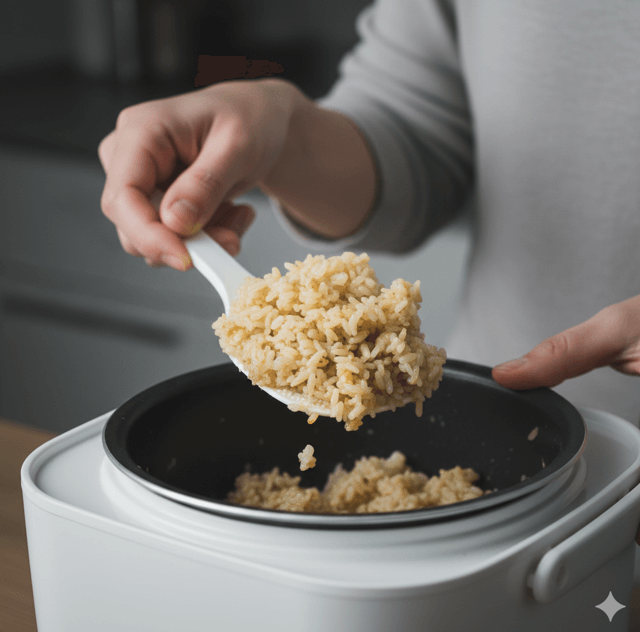 長時間保温で黄色くなったご飯を、しゃもじですくっている。