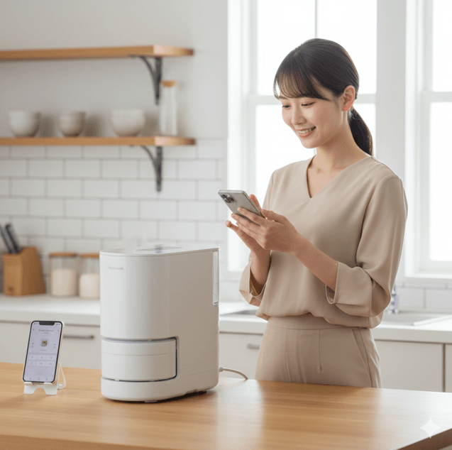 モダンなキッチンに置かれた自動計量IH炊飯器SR-AX1と、スマートフォンを操作する日本人女性。