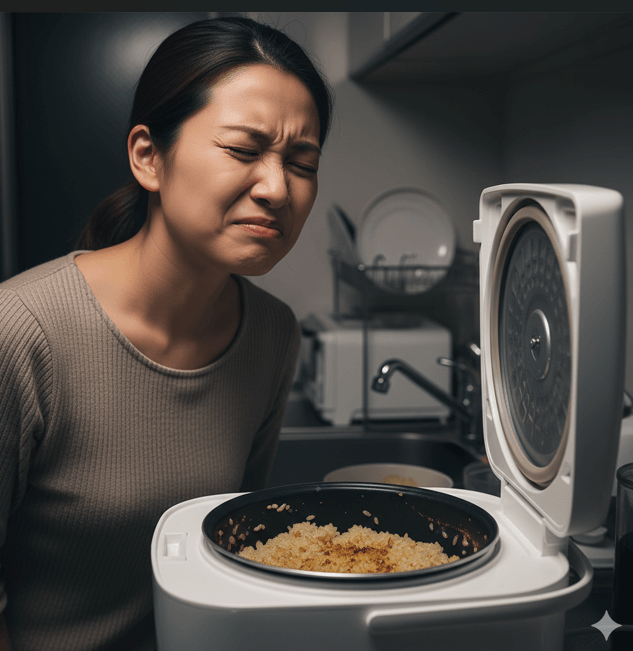 黄ばんで古雑巾のような匂いを放つご飯を前に顔をしかめる日本人女性。