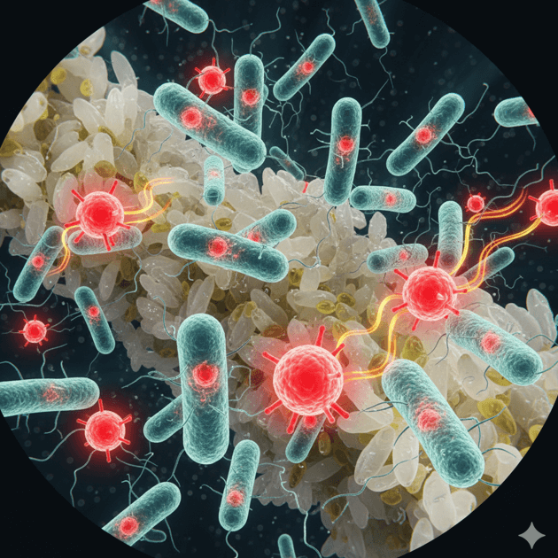 顕微鏡で見たセレウス菌が繁殖している様子。テキストで「煮沸しても毒素は消えない」と警告。