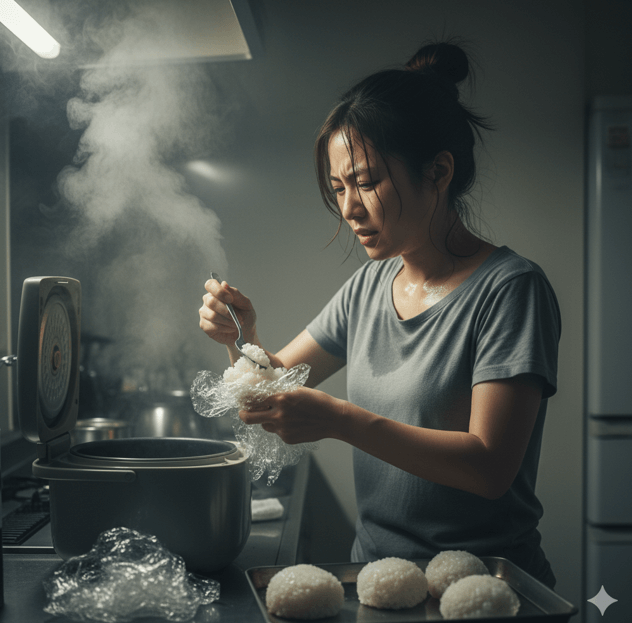 熱い炊きたてのご飯をラップで包むのに苦戦し、汗だくになっている日本人女性。