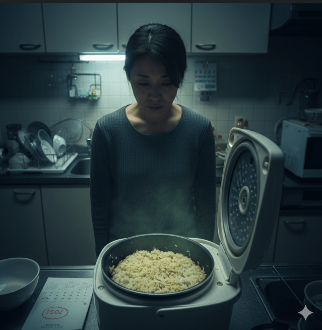 炊飯器で24時間保温され、黄ばんでいるご飯に絶望する日本人女性。