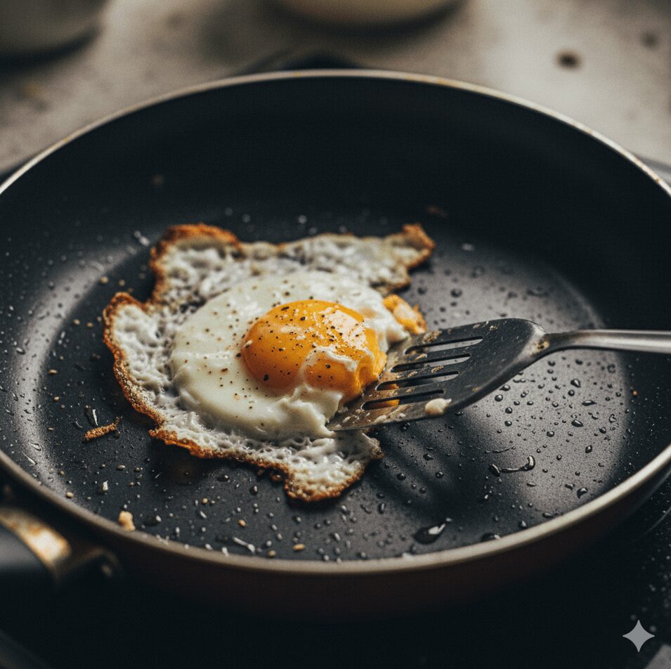 目玉焼きがフライパンにこびりつき、フライ返しでも剥がせない様子。PENTAフライパンなら、スルンと取れるはずだ、と感じさせる一枚。