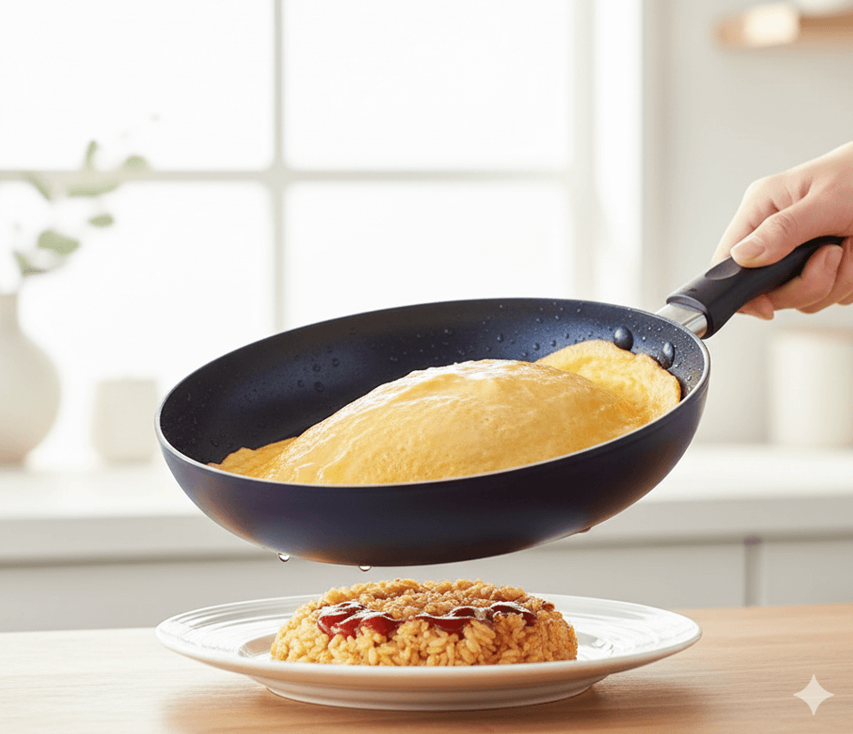 王様フライパンPENTAで作ったオムレツ。焦げ付かずに焼けた卵が、ケチャップライスの上へスルンときれいに乗せられる瞬間です。