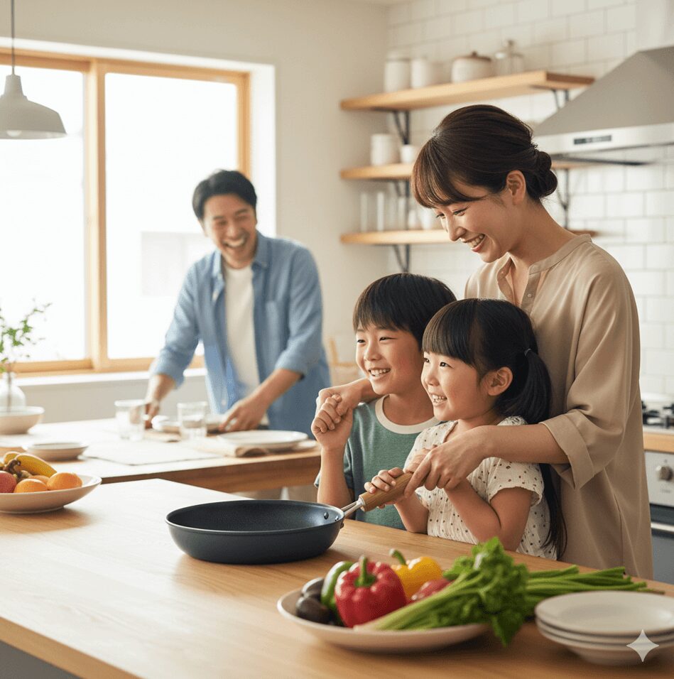 PENTAフライパンを前に、母親と子供たちが一緒に取っ手を握っている。背景の父親も笑顔で、家族団らんの楽しいキッチンの様子。