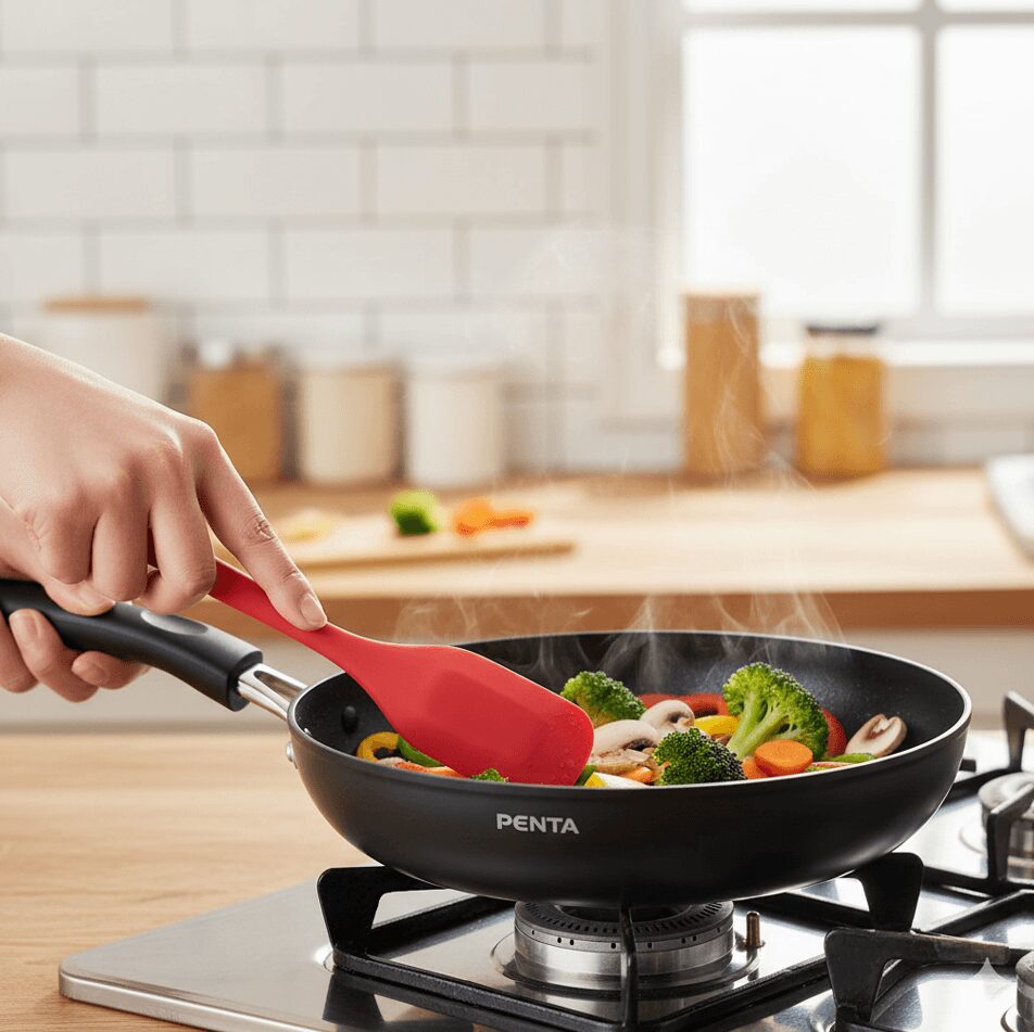 PENTAフライパンで野菜炒めを調理している様子。赤いヘラでブロッコリーやパプリカを炒め、湯気が立っている。