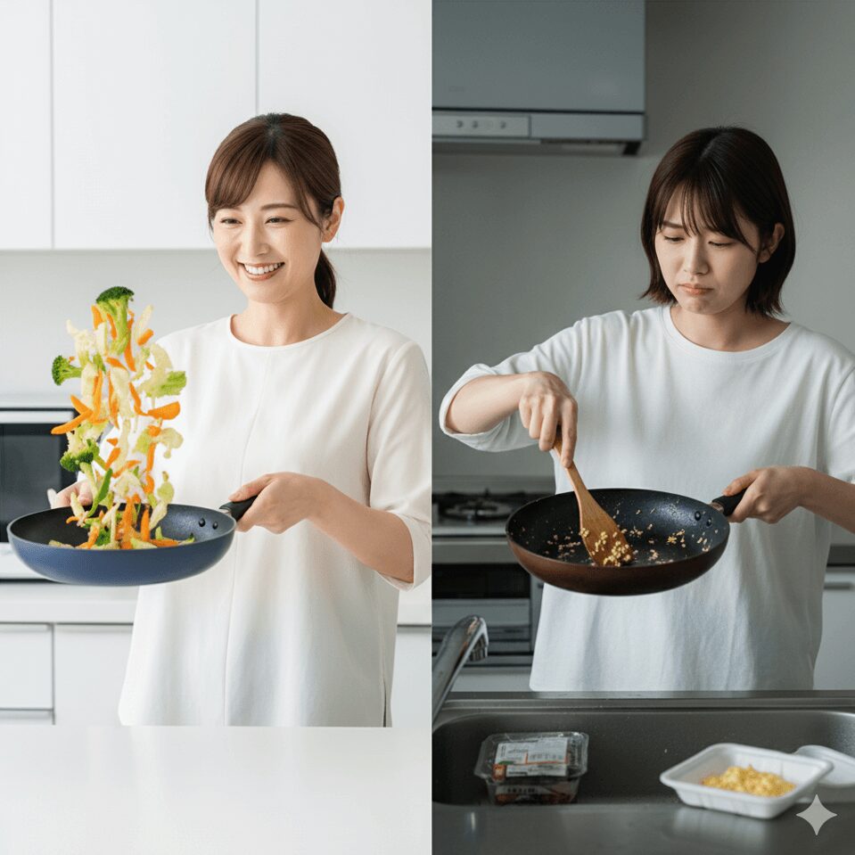 PENTAフライパンで笑顔で調理する女性と、焦げ付いたフライパンを前に困る女性の対比。PENTAが料理のストレスを軽減する様子を表しています。