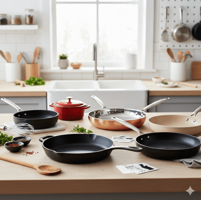 明るいキッチンのカウンターに、鋳鉄、銅、セラミック製などの様々なフライパンのおすすめや赤い鍋、調理器具が並べられている。