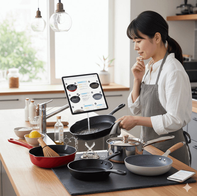 明るいキッチンで、エプロンをつけた日本人女性が、タブレットに表示された口コミや評価を見ながら、最適なフライパンのおすすめを比較検討している。カウンターには鋳鉄製やセラミック製など様々な種類のフライパンが並べられており、女性は真剣な表情で手に取ったフライパンを見つめている。