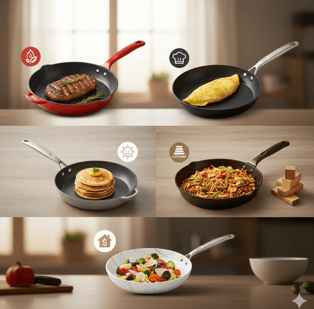 3段のコラージュ画像。上段左はステーキが乗った赤いフライパン、上段右はオムレツが入った黒いフライパン。中段左はパンケーキが乗ったグレーのフライパン、中段右は焼きそばが入った鉄のフライパン。下段は彩り野菜のソテーが入った大理石模様のフライパン。それぞれ「本格的な味」「性能」「手軽さ」「一生モノ」「デザインとコスパ」を示すアイコンが配置されている。