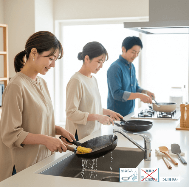 明るく清潔なキッチンで、3人の日本人（女性2人、男性1人）がフライパンの手入れや調理をしている様子。手前の女性は、おすすめの鉄フライパンを長持ちさせるため、シンクでたわしを使って丁寧に洗っている。奥では、他の2人がコンロで楽しそうに調理をしている。