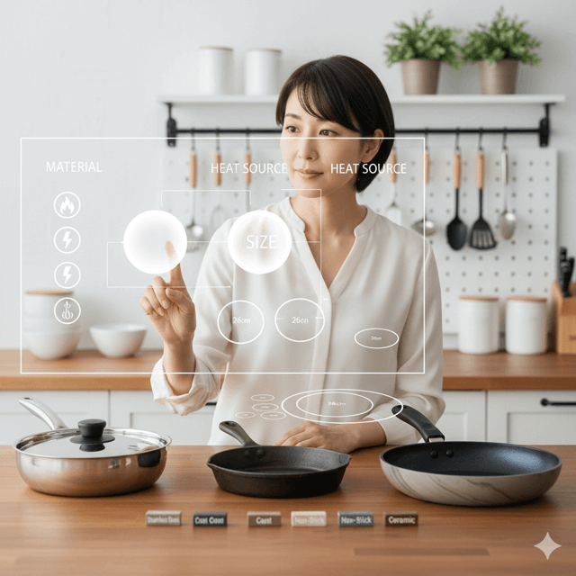 明るいキッチンで、一人の日本人女性が、ホログラムディスプレイを使ってフライパンの選び方を検討している。手前には様々な素材のフライパンが並んでおり、彼女は最適なフライパンのおすすめを見つけるために、素材、熱源、サイズの要素を比較している。