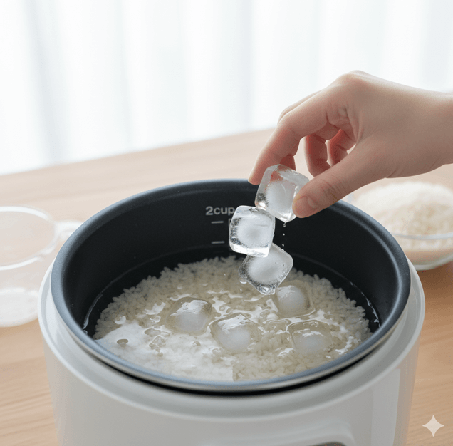 夏場の予約炊飯の対策として、洗米済みの生米が入った内釜に、氷を投入して水温を下げている様子。
