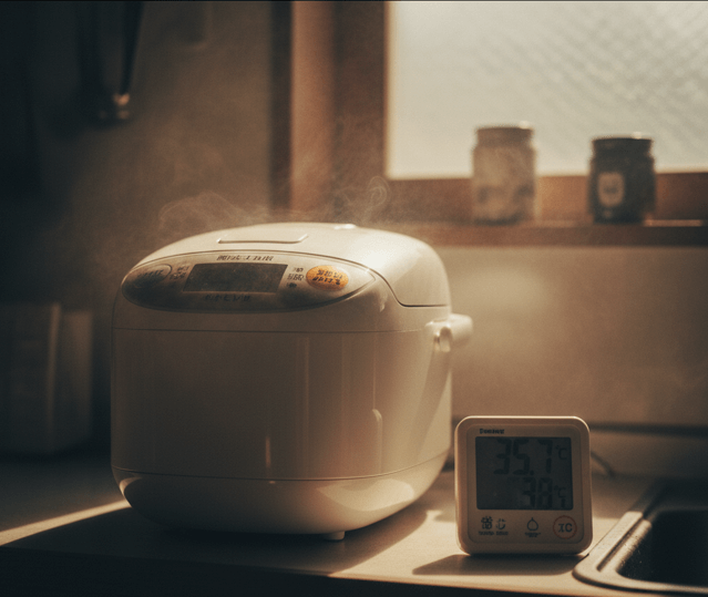 夏場の高温のキッチン。炊飯器の横にあるデジタル温度計が35度以上の危険温度帯を示しているクローズアップ。