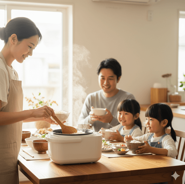 朝の食卓で、主婦が家族のために炊きたてのご飯をよそっている。予約炊飯で心地よい朝食を楽しむ家族の様子。