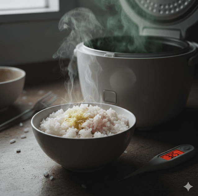 黄色やピンクに変色し、糸を引いているようなご飯と、蒸気が上がる炊飯器。隣には温度計が置かれている。