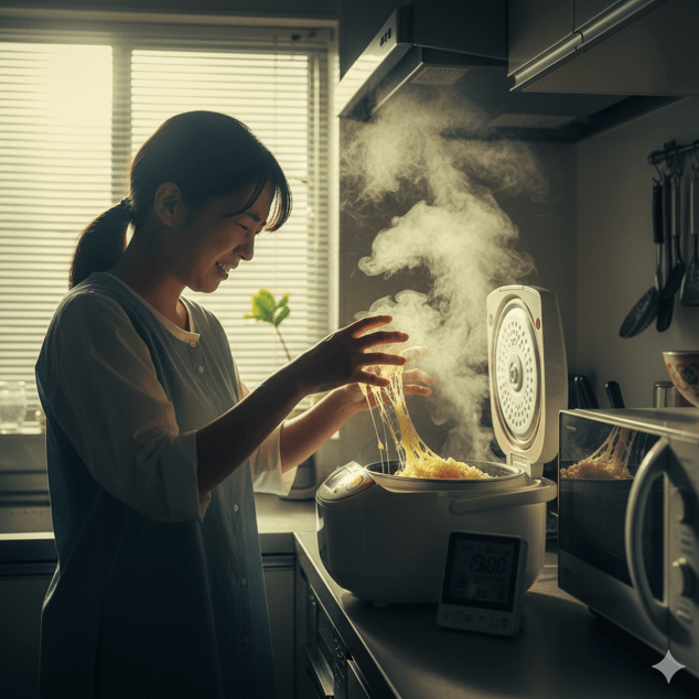 キッチンで女性が炊飯器を開けると、黄色く変色し、ぬめりがあるご飯に気づき、不快な表情を浮かべる。