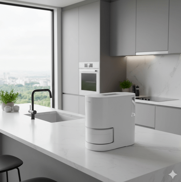 モダンなキッチンの白いカウンターに置かれた、シンプルで洗練されたデザインの白い電化製品。窓からは街の景色が見えます。