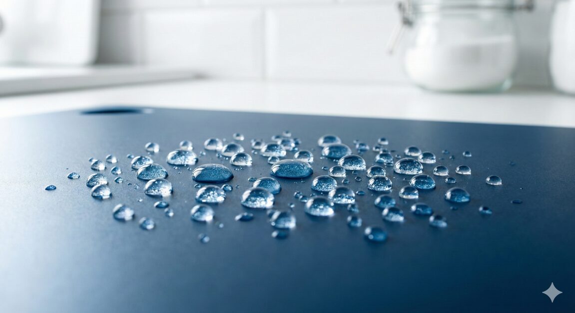 濃い青色のまな板の表面のクローズアップ。多数の水滴が玉のように丸く盛り上がり、光を反射してきらめいている。背景はぼやけた白いキッチン。