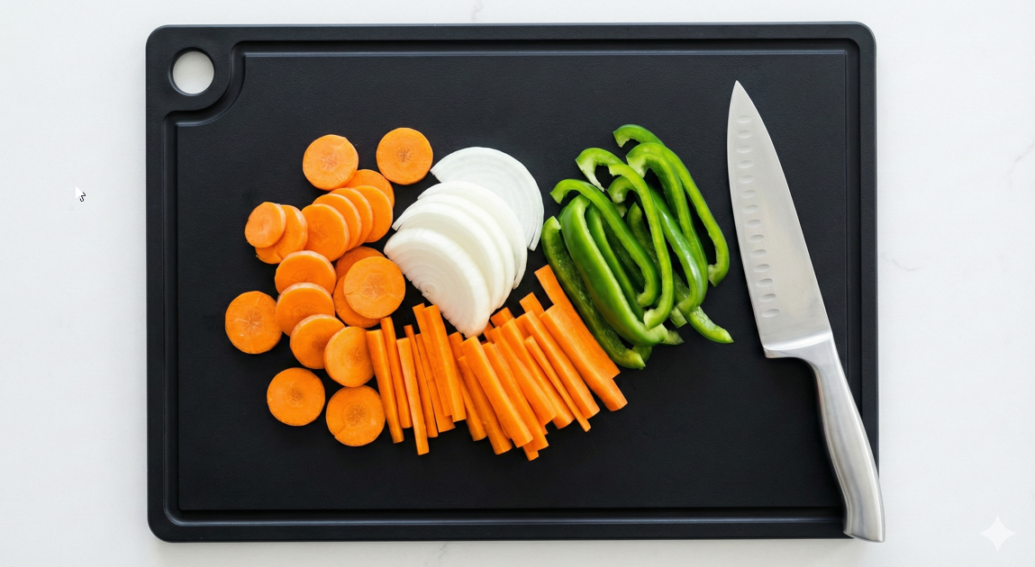 黒いまな板の上に、輪切りと拍子木切りのニンジン、スライスした玉ねぎ、細切りのピーマン、そしてステンレス製の包丁が並べられている真上からの写真。
