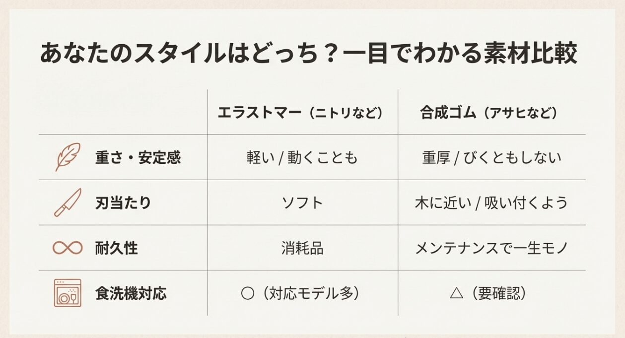 ニトリ等のエラストマー製とアサヒ等の合成ゴム製まな板における、重さ・安定感・刃当たり・耐久性・食洗機対応の比較一覧表。