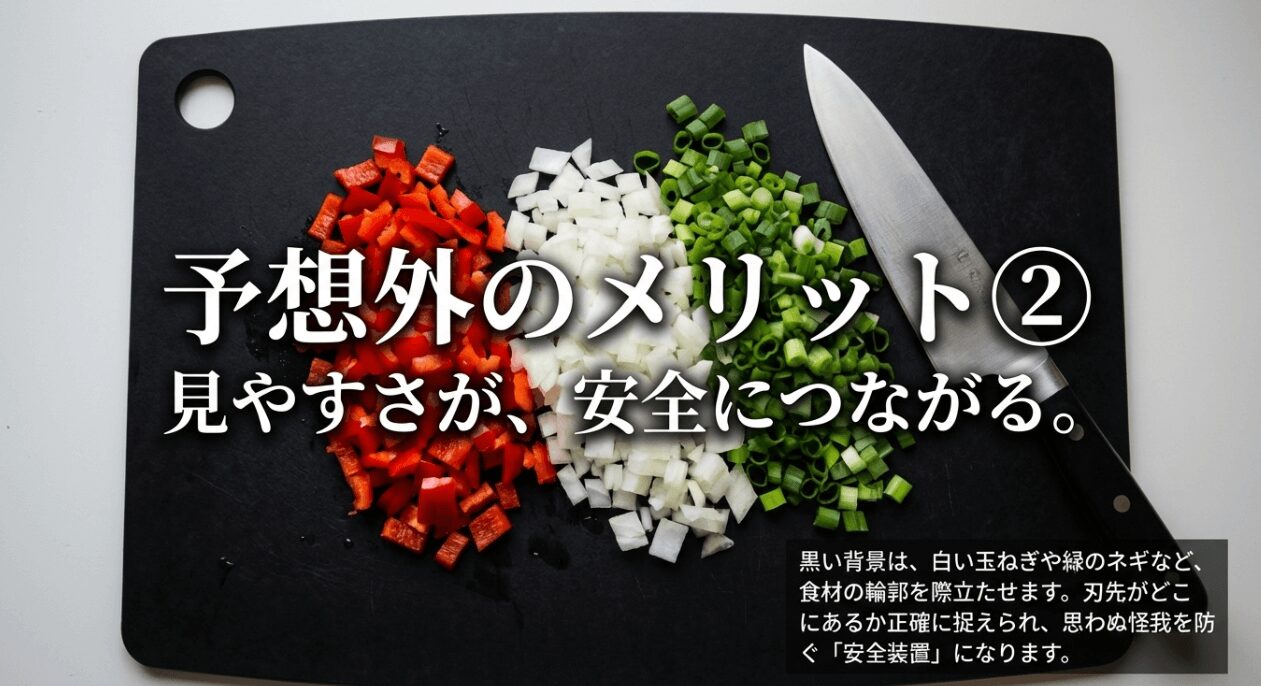 黒いまな板の上で白い食材や緑の野菜の輪郭がはっきりと見え、包丁の刃先が確認しやすくなることによる怪我防止効果の解説。