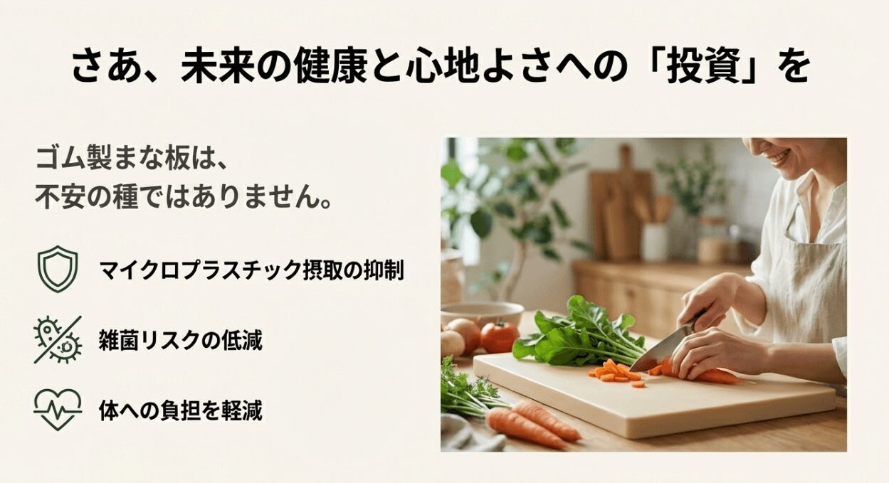 ゴム製まな板の使用がマイクロプラスチック摂取の抑制、雑菌リスクの低減、体への負担軽減につながるという結論のまとめ。