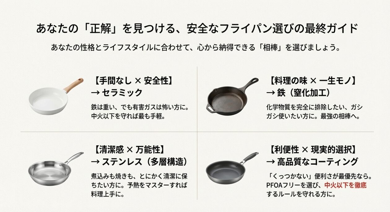 鉄、セラミック、ステンレス、高品質コーティングの4つの選択肢を、それぞれの性格やライフスタイルに合わせたメリットと共にまとめたガイド。