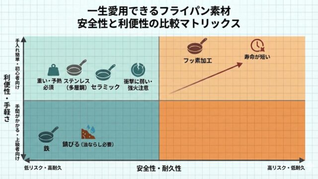  鉄・セラミック・ステンレス・フッ素の「安全性」と「便利さ」のバランスを一目で比較できる図解