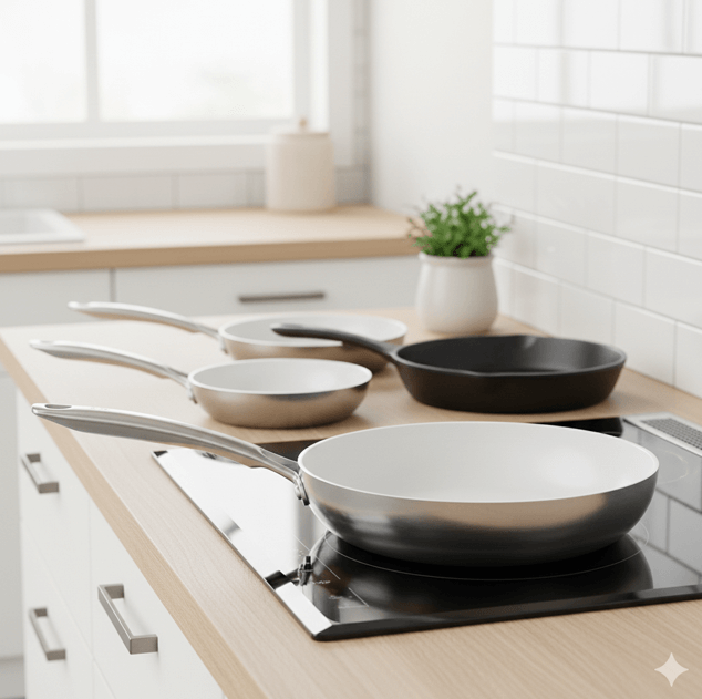 白いコレールフライパンがIH調理器の上でどっしりと安定している様子。重さによる高い安定感と蓄熱性を表現。