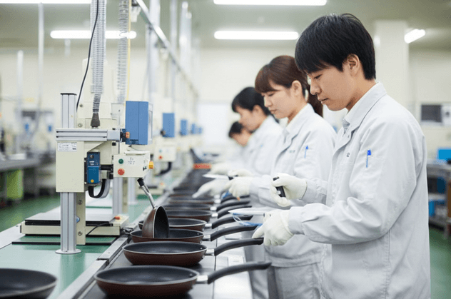 厳格な品質管理（QC）のもと、製造ラインを流れるコレールフライパンをチェックする日本人技術者。信頼できる製造品質を表現。