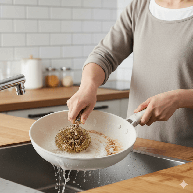 料理後の白いフライパンを、日本人女性が金たわしで力強く洗っている様子。タフな表面硬度とメンテナンス性の高さを表現。