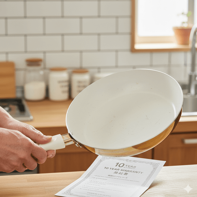 キッチンで長く愛用され、変色や傷があるが大切に使われているコレールフライパンと、その横に置かれた10年保証書。